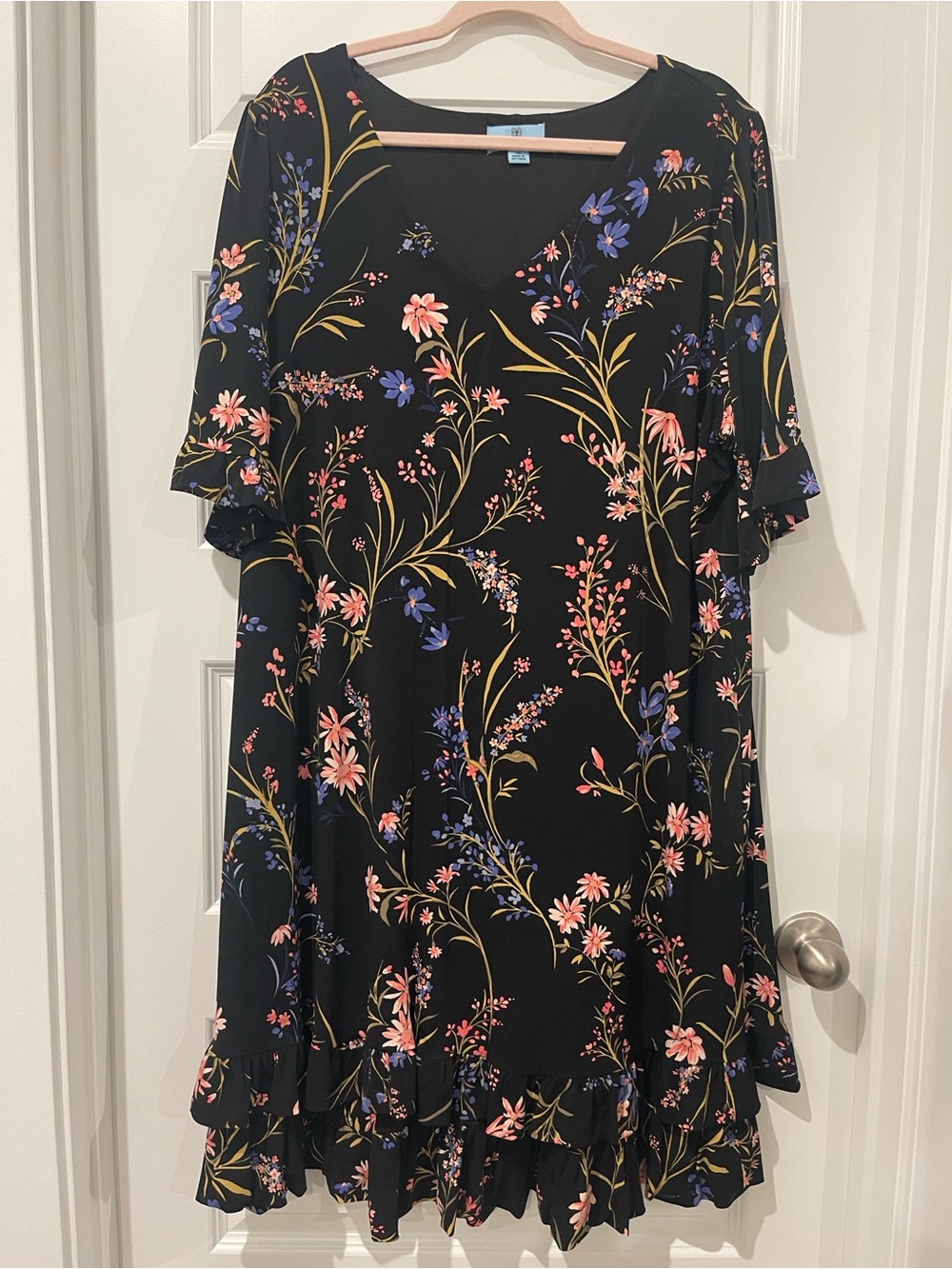 CeCe Black Floral Ruffle Hem Dress with Pink & Blue Blooms